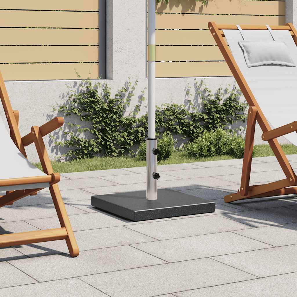 Square black granite parasol base weighing 62.8 lb with stainless steel pole lock and castors.
