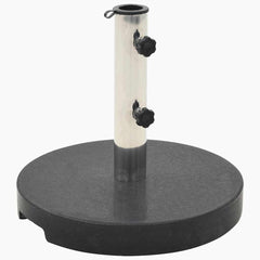 Round black granite parasol base weighing 44.1 lb with stainless steel pole.