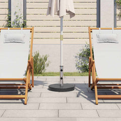 Round black granite parasol base, 44.1 lb, with stainless steel tube on patio.