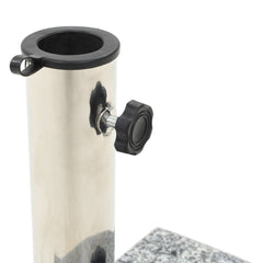 Curved gray granite parasol base with dual locking bolts and stainless steel tube holder.