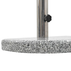 Curved gray granite parasol base weighing 22 lb with stainless steel pole holder.