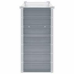 Gray galvanized steel raised garden bed, 63x15.7x31.3 inches, with slatted sides.