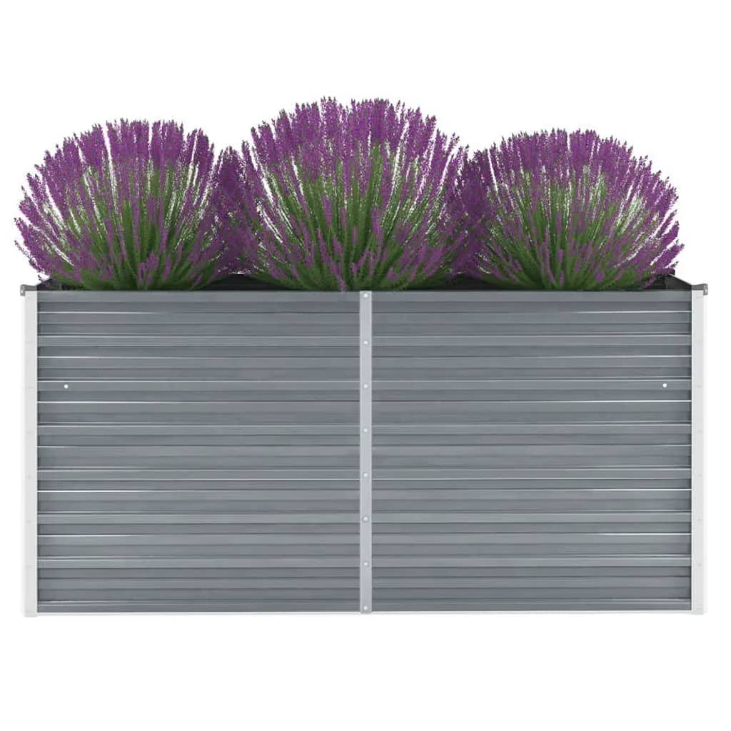Gray galvanized steel raised garden bed with lavender plants, 63x15.7x31.3 inches.