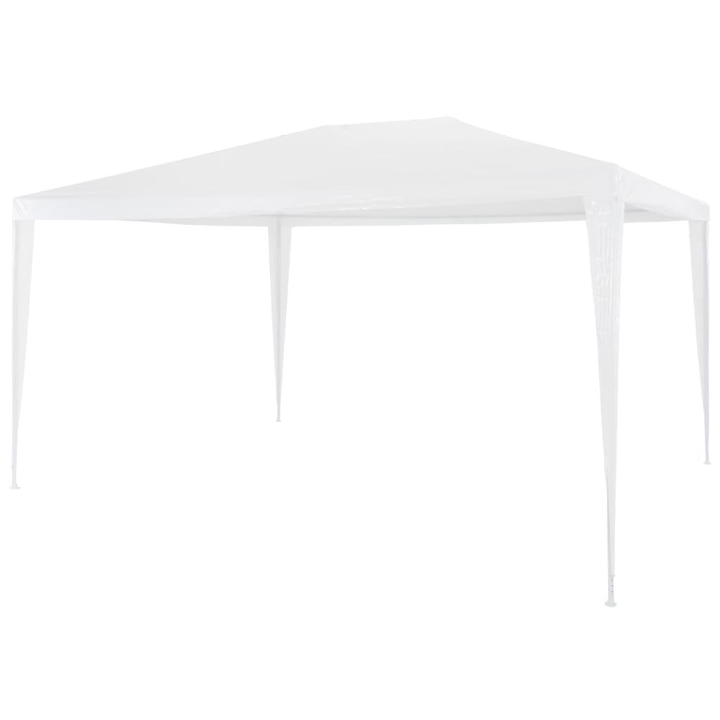 White PE party tent with a rust-resistant steel frame, measuring 9.8'x13.1'.