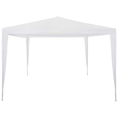 White PE party tent with a waterproof roof and rust-resistant steel frame for outdoor events.