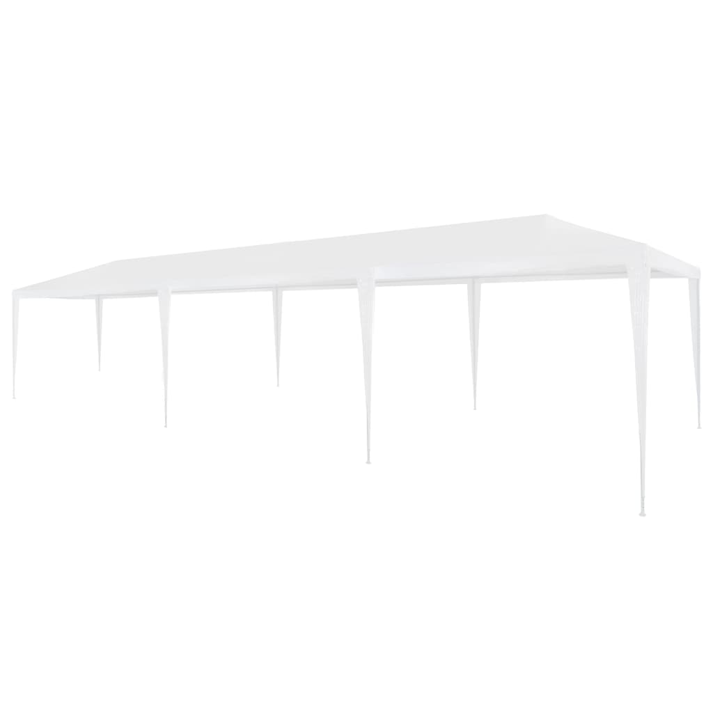 A long, white outdoor party tent with a peaked roof and multiple support poles.