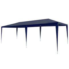A blue polyethylene party tent with a steel frame, measuring 9.8'x19.7' for outdoor use.