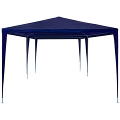 Blue outdoor party tent with a polyethylene roof and rust-resistant steel frame.