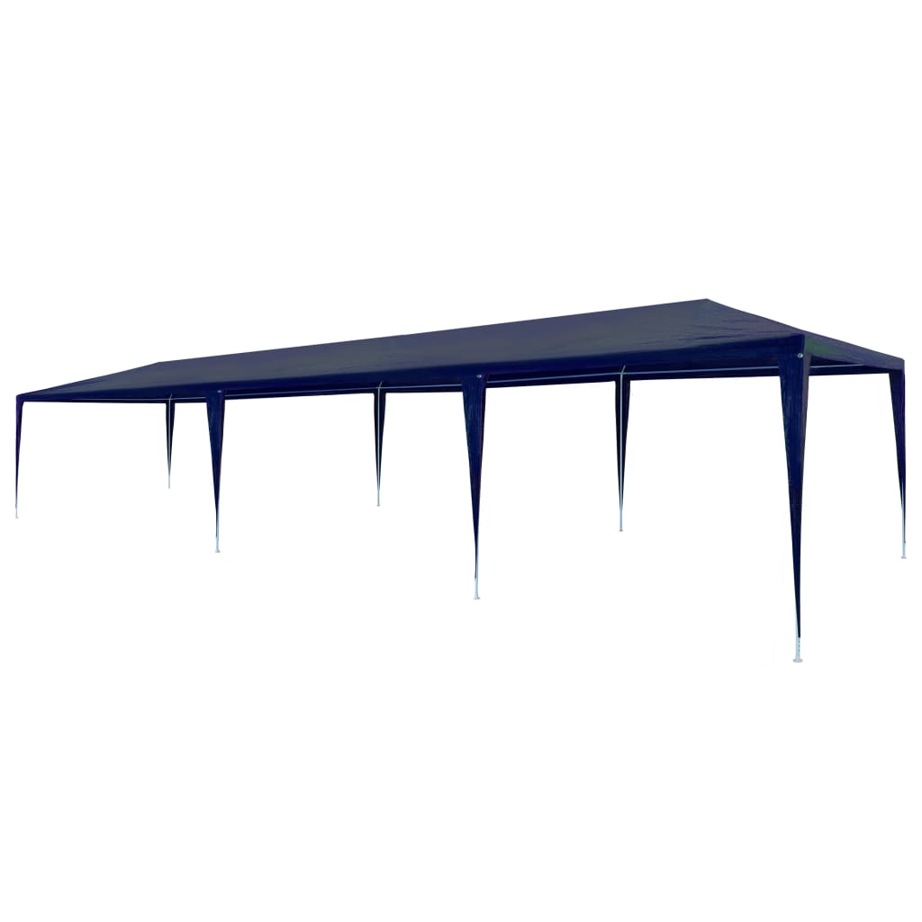 Blue PE canopy tent with a steel frame, measuring 9.8'x29.5' for outdoor events.