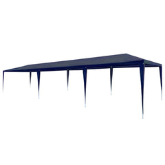Blue PE canopy tent with a steel frame, measuring 9.8'x29.5' for outdoor events.