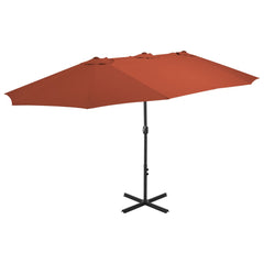 Terracotta garden parasol with aluminum pole, 181x106 cm canopy, on cross base.