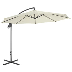 Sand-colored cantilever garden parasol with 118.1-inch canopy and black steel pole.