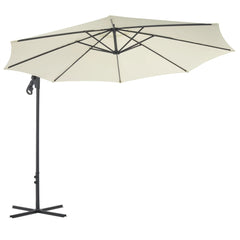 Sand-colored 118.1-inch cantilever garden parasol with black steel pole and base.