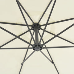 Top view of a sand-colored cantilever garden parasol with black steel ribs and central pole.