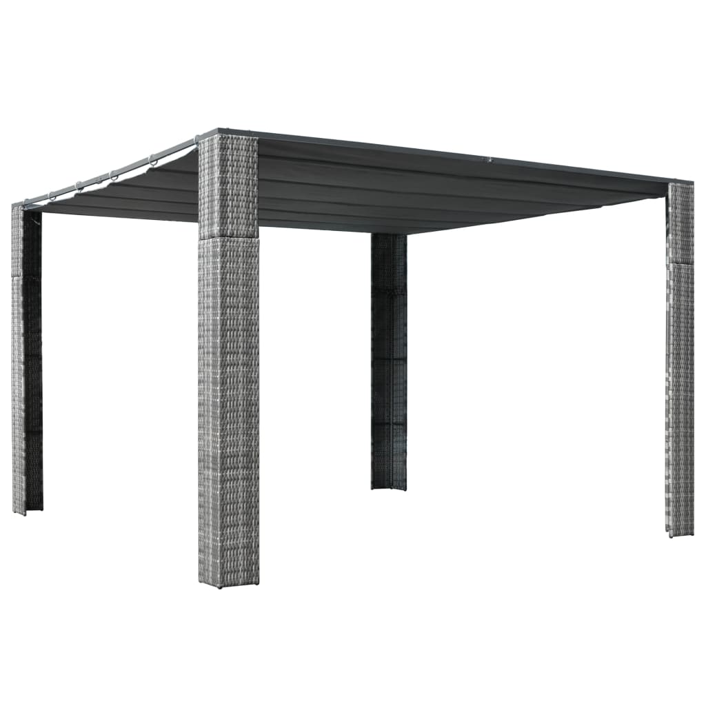 Gray anthracite poly rattan gazebo with sliding roof and steel frame, 118x118x79 inches.
