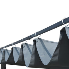 Gray anthracite poly rattan gazebo with sliding roof panels on metal frame.