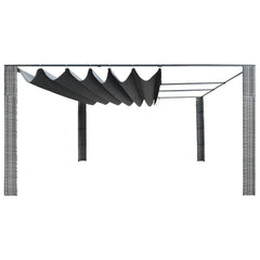 Gray anthracite poly rattan gazebo with sliding fabric roof and steel frame, 157x157x79 inches.