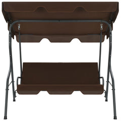 Brown powder-coated steel garden swing bench with canopy and cushions, 66.9x43.3x60.2 inches.