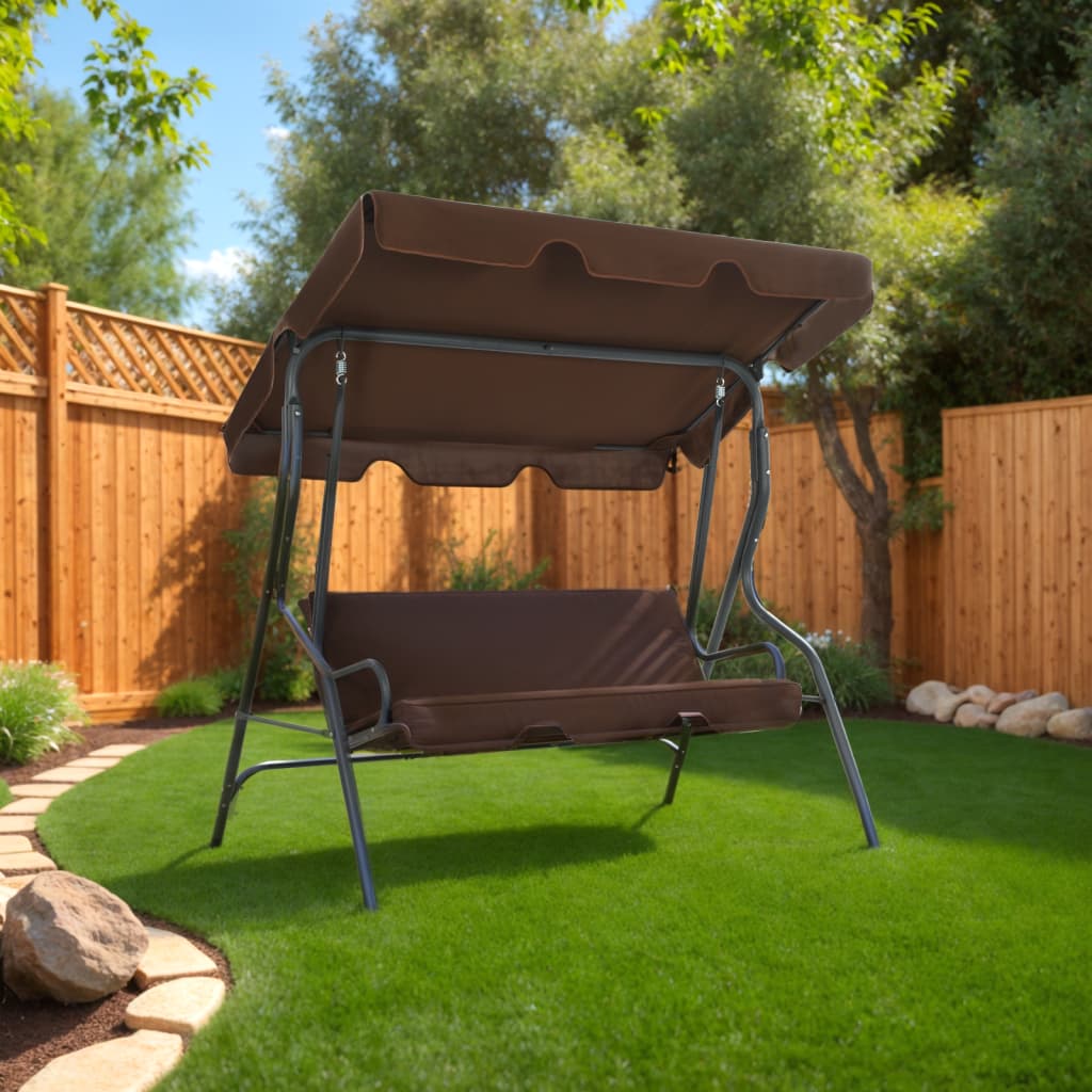 Brown powder-coated steel garden swing bench with canopy and cushioned seat outdoors.