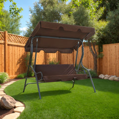 Brown powder-coated steel garden swing bench with canopy and cushioned seat outdoors.