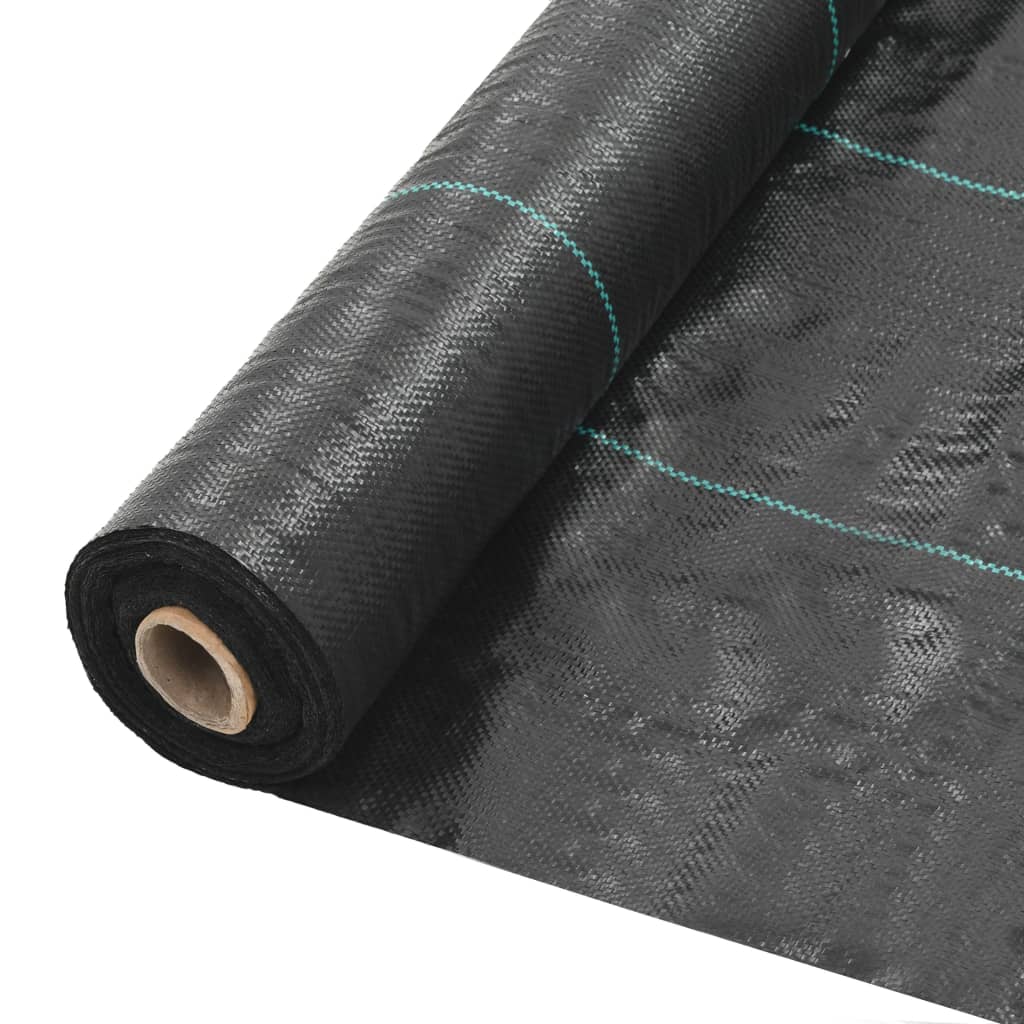 Rolled black polypropylene weed control mat with green stripes, 3.3 feet by 164 feet.