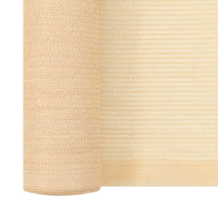 Beige HDPE privacy net rolled up, measuring 3.3 feet by 82 feet for garden use.
