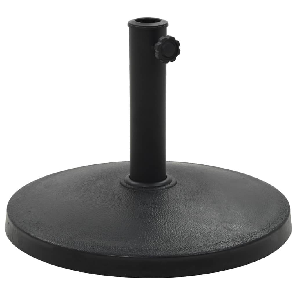 Black 22 lb round polyresin parasol base with locking bolt.