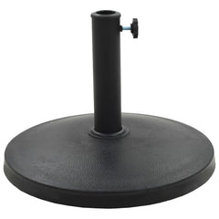 Black 22 lb round polyresin parasol base with locking bolt and pole adapters.