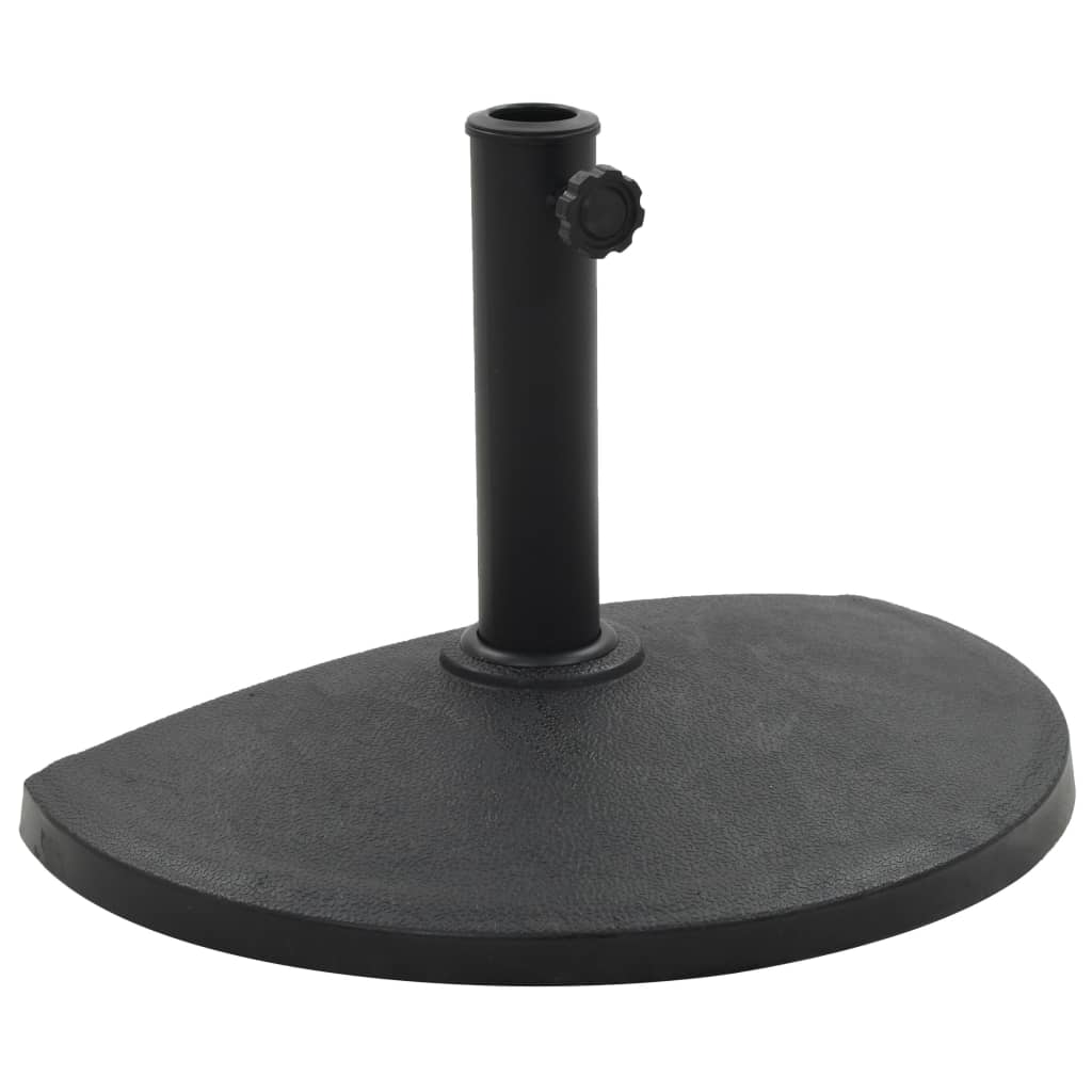Black half-round polyresin parasol base with 19.8 lb weight and locking tube.