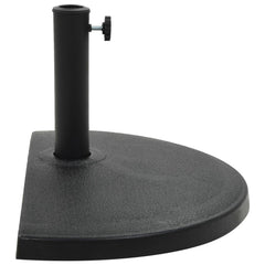 Black half-round polyresin parasol base with 33.1 lb weight and pole sleeve.