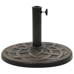 Round bronze polyresin parasol base with locking bolt and decorative pattern, 24.3 lb weight.