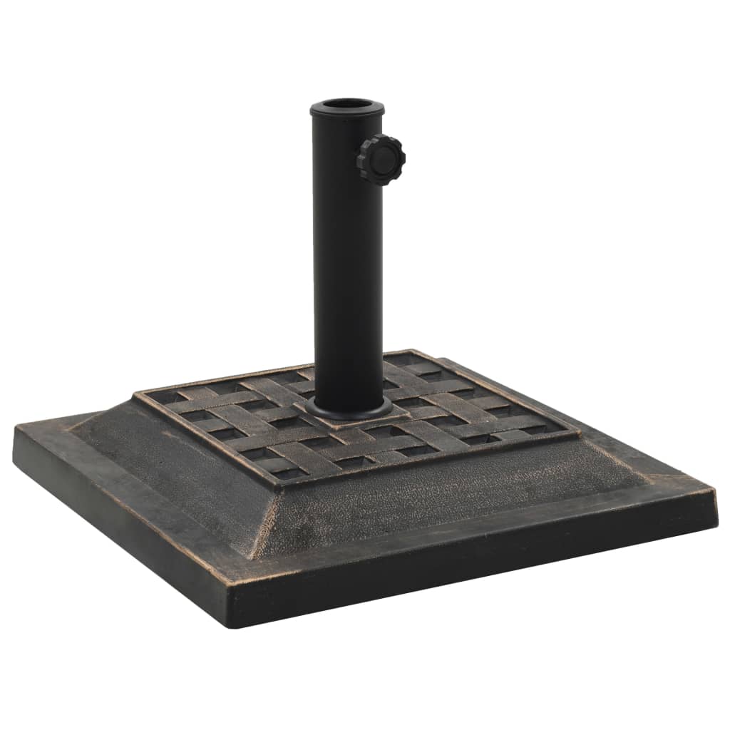 Bronze polyresin square parasol base weighing 26.5 lb with pole sleeve.