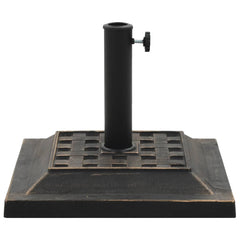 Bronze polyresin square parasol base, 26.5 lb, with pole sleeve and locking bolt.