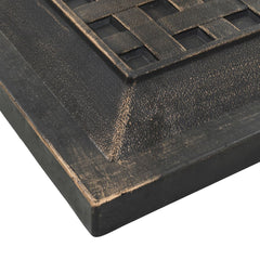 Square bronze polyresin parasol base with lattice design and beveled edges.