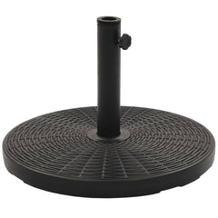 Black round parasol base with rattan texture and adjustable adapters for umbrella poles.
