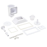 White ABS 11-piece wide-mouth pool skimmer kit with basket, weir, and hardware.