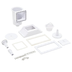 White ABS 11-piece wide-mouth pool skimmer kit with basket, weir, and hardware.