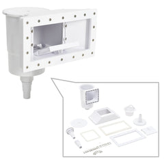 White Bostome 11-piece wide-mouth pool skimmer kit with ABS construction, basket, and hardware.