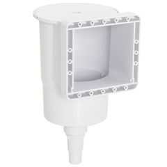 A white wide-mouth pool skimmer with a removable lid and bottom hose connection.