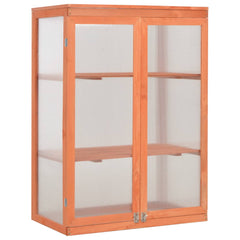 Wooden garden greenhouse with clear panels, two shelves, hinged lid, and twin doors.