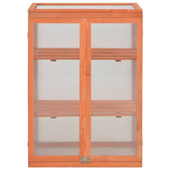 Wooden garden greenhouse with glass doors, hinged lid, and two shelves, 29.5x18.5x42.9 inches.