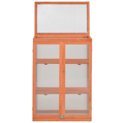 Wooden garden greenhouse with open hinged lid, double doors, shelves, and clear panels, 29.5x18.5x42.9 inches.