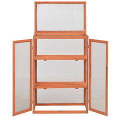 Wooden garden greenhouse with clear panels, hinged lid, twin doors, and two shelves