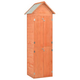 Tall wooden garden storage shed with gabled roof and double doors, 28x23.6x83.9 inches.