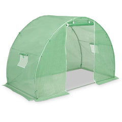 Green PE mesh greenhouse, 118x59x79 inches, with windows and arched frame.
