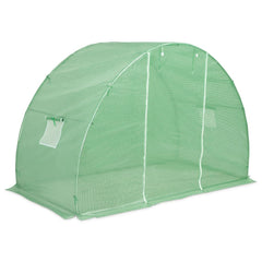 Green PE mesh greenhouse, 118x59x79 inches, with windows and door.