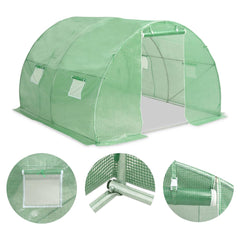 Green 118x118x79 inch walk-in greenhouse with PE mesh fabric and galvanized steel frame, featuring roll-up windows and a zip door.