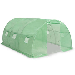 Green PE mesh greenhouse with galvanized frame, measuring 177.2x118.1x78.7 inches, featuring windows and a wide door.