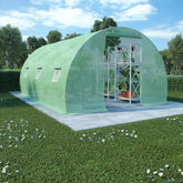 Green PE mesh greenhouse, 177.2x118.1x78.7in, with steel frame, windows, door, and plants inside.