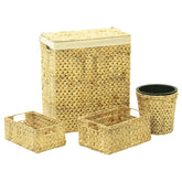 Natural woven bathroom set with laundry basket, two storage baskets, and a trash bin.
